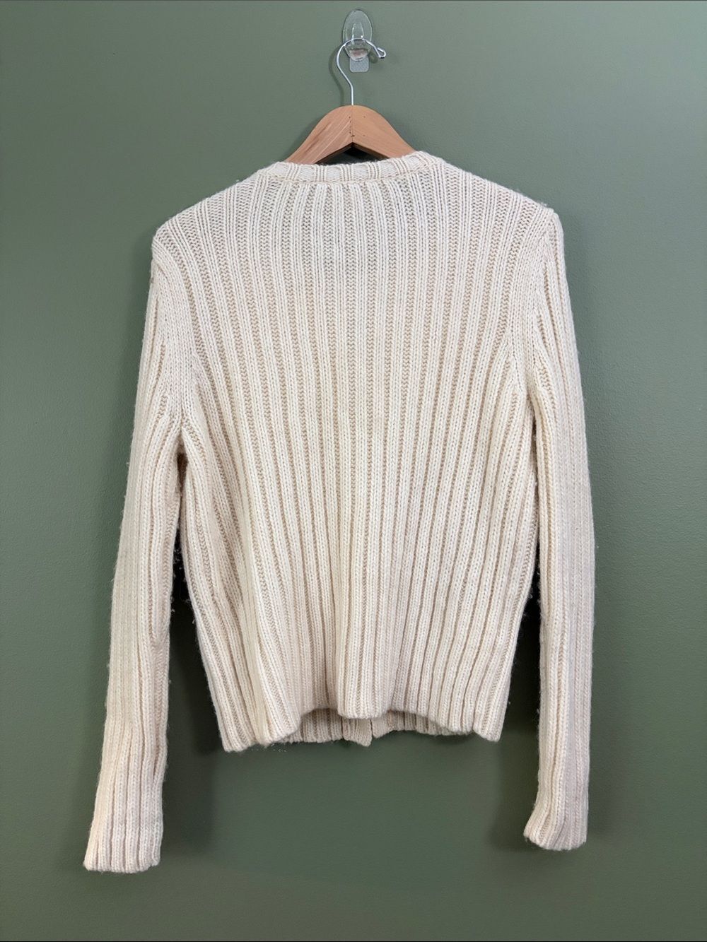 LOFT Cream Wool Blend Knit Cardigan Faux-Fur Front Decorative Hooks Sz XL - Picture 4 of 4